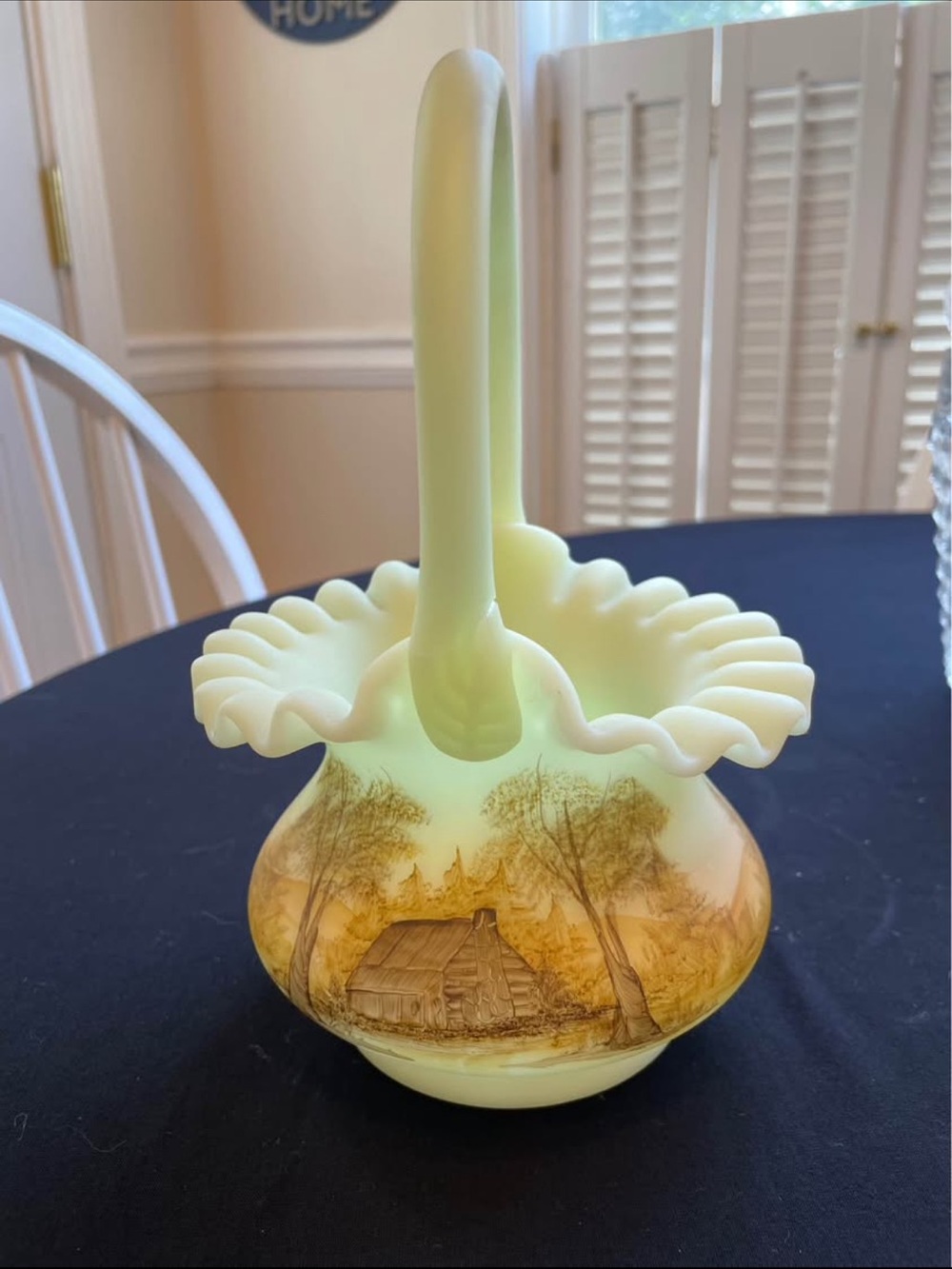 Fenton Log Cabin on Custard Satin Art Glass Ruffled Basket